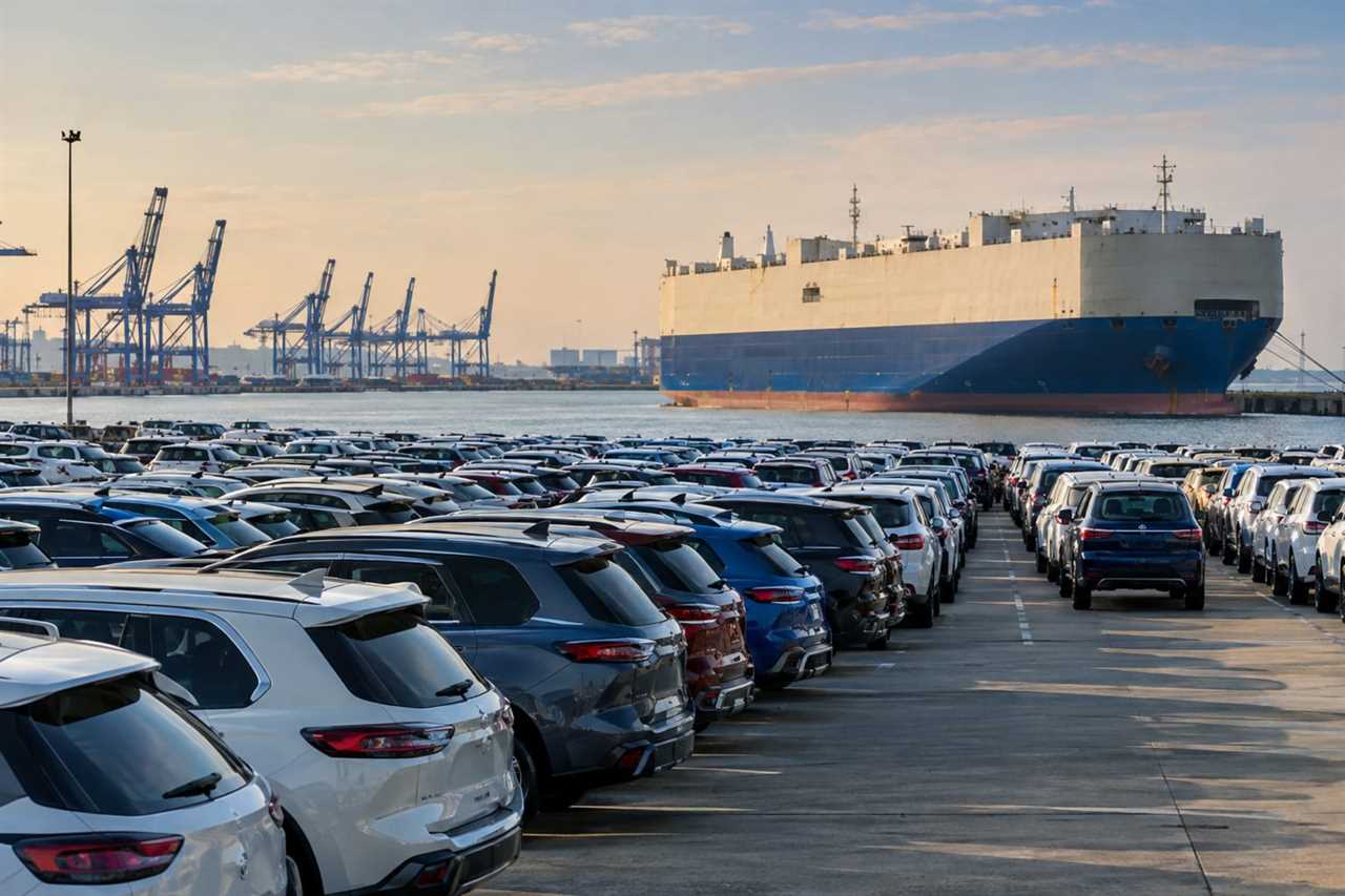 Imported cars await distribution at a busy port.
