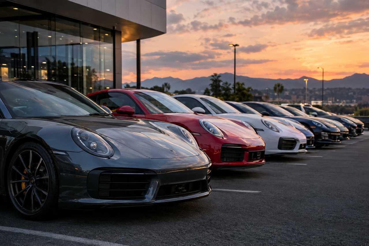 Luxury dealership lot with cars awaiting buyers