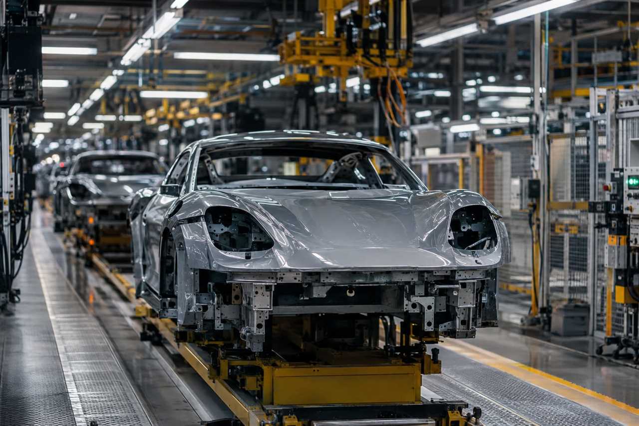 Factory line producing vehicles at measured pace
