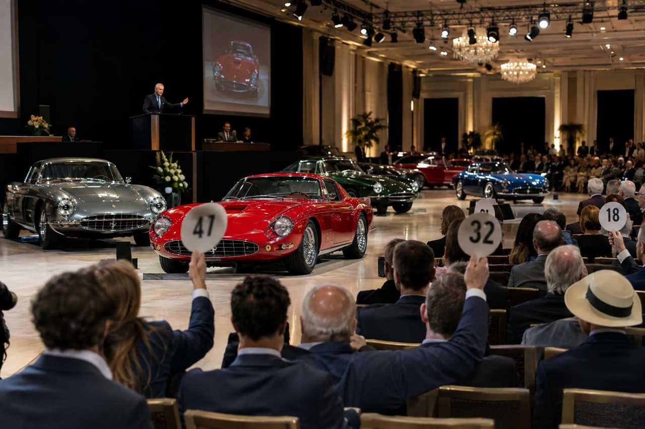 Collector car auction hall during a record sales week.