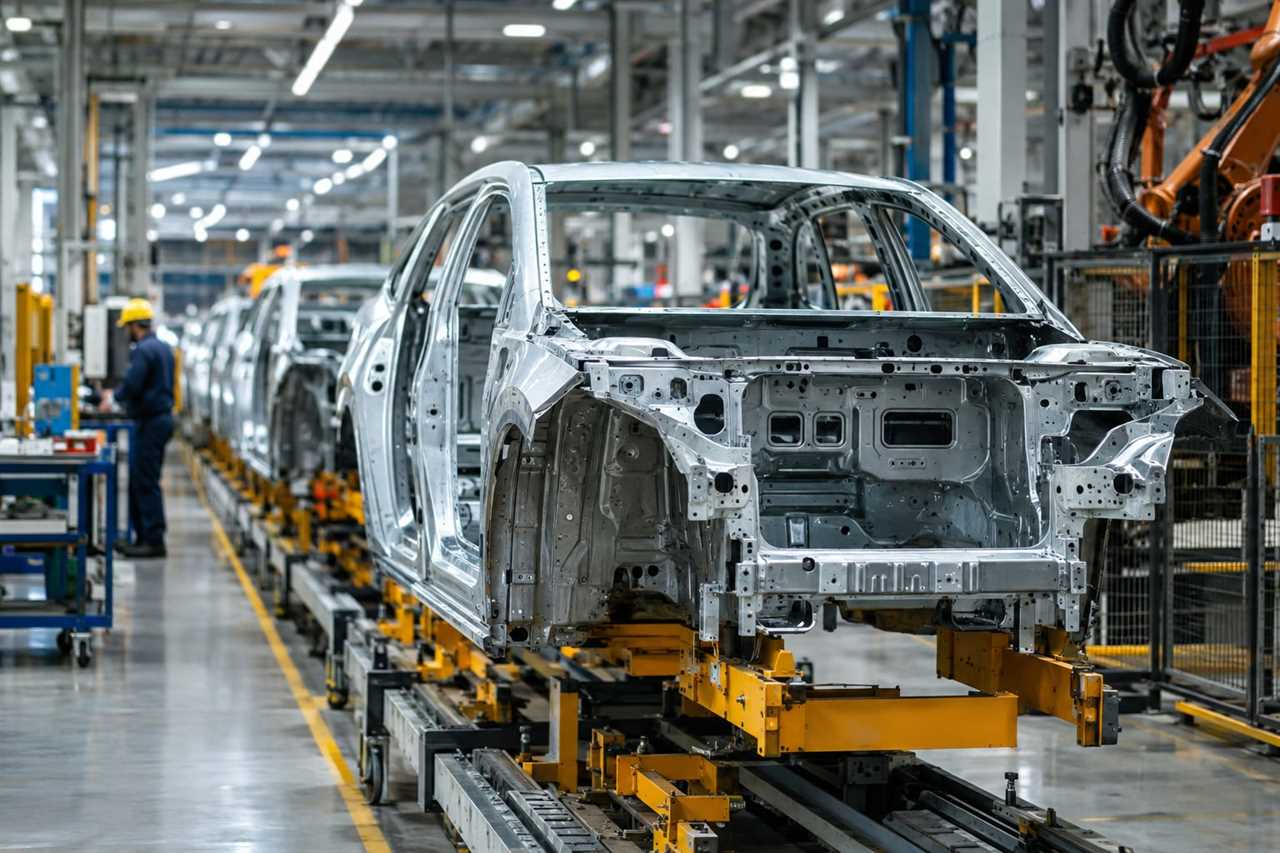 Factory production line assembling a sedan body shell