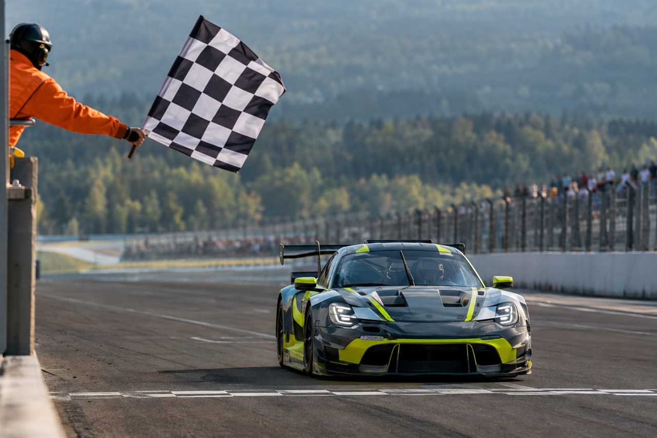GT3 car takes the checkered flag at finish