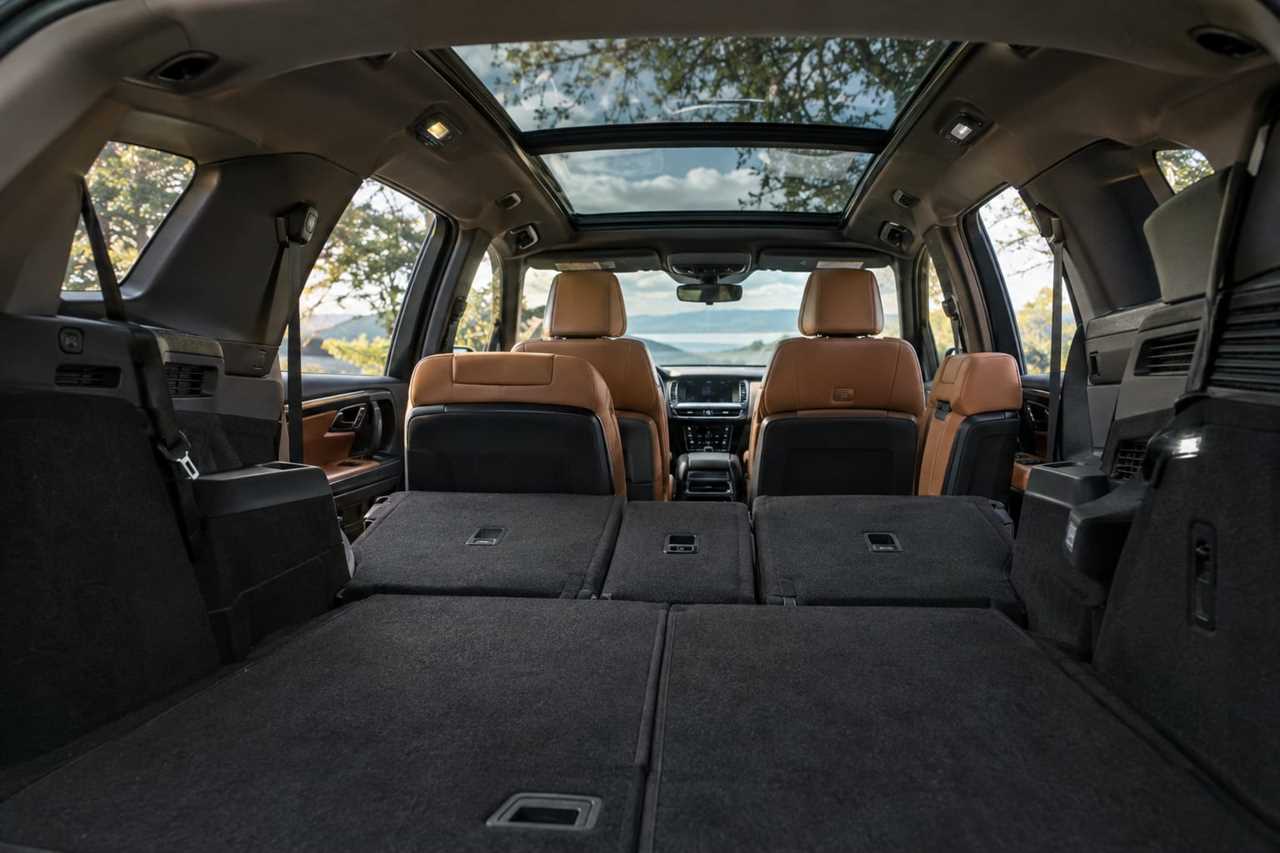 Three-row SUV interior with folded seats and glass roof