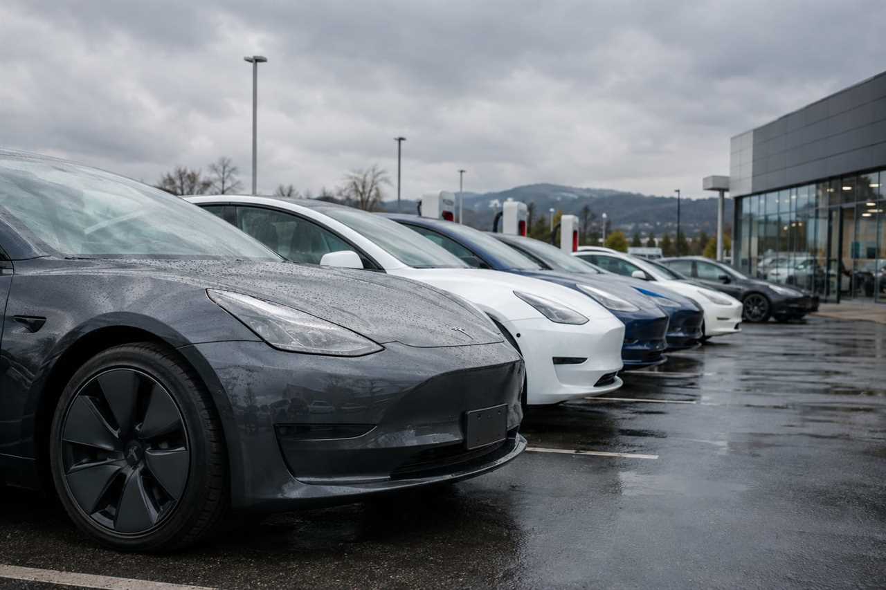 Unsold electric vehicles sit idle at a dealership