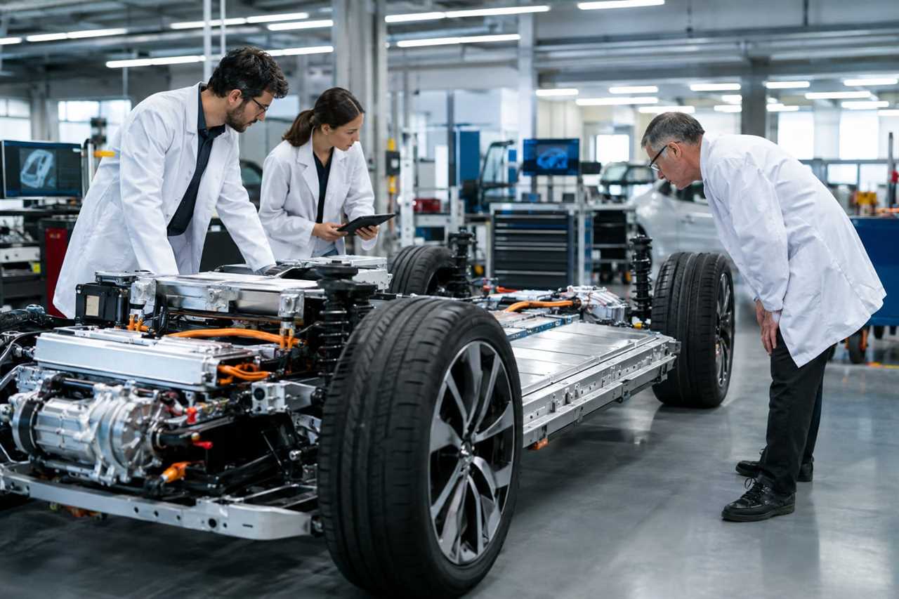 Engineers inspect an electric vehicle prototype chassis.