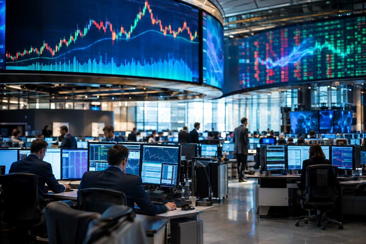 Traders monitor abstract market charts on big screens.