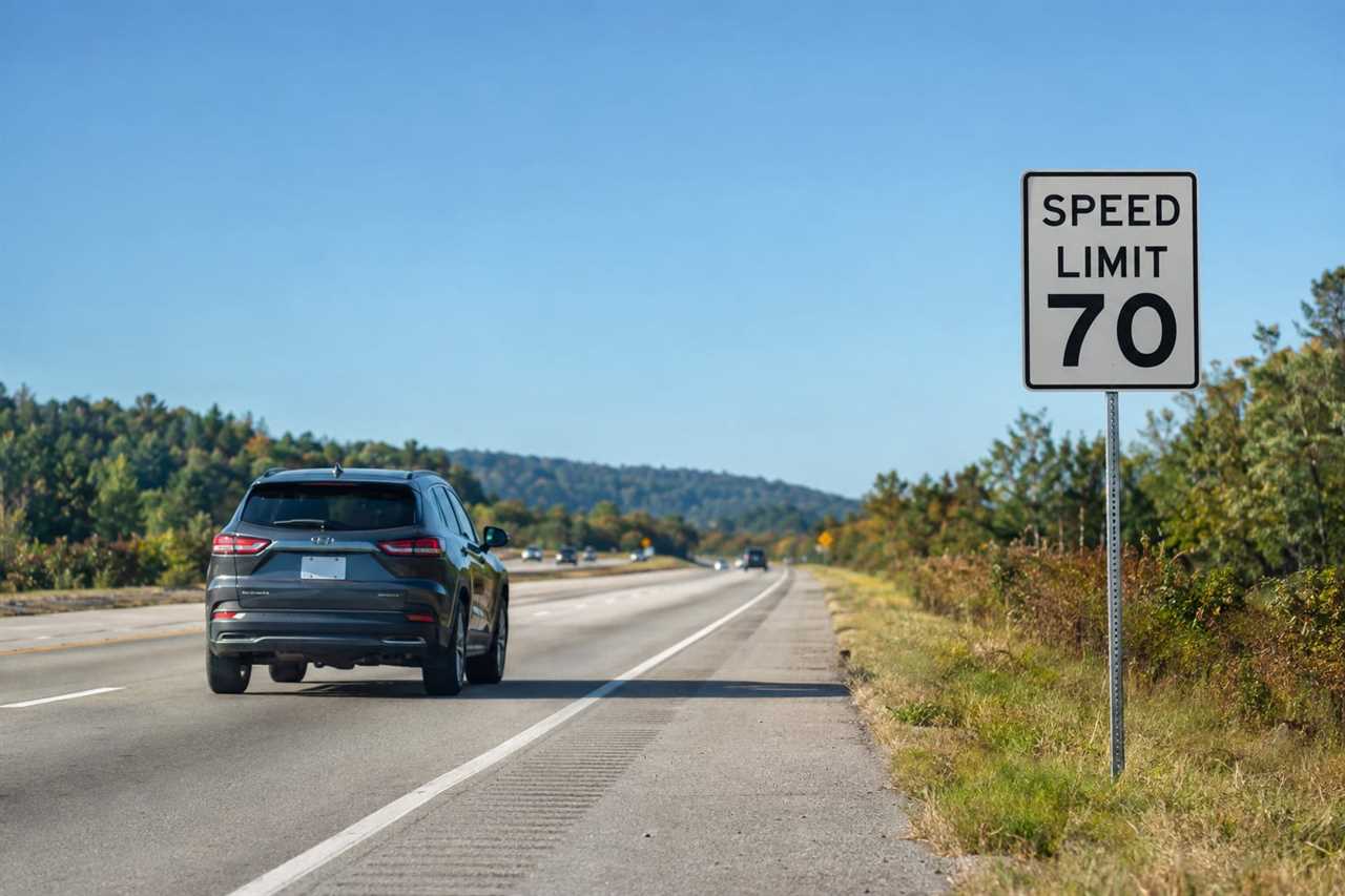 Vehicle driving past a speed limit sign.