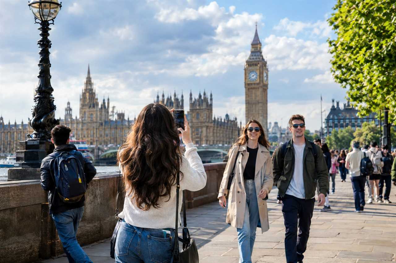 Tourists gather near a popular city landmark.