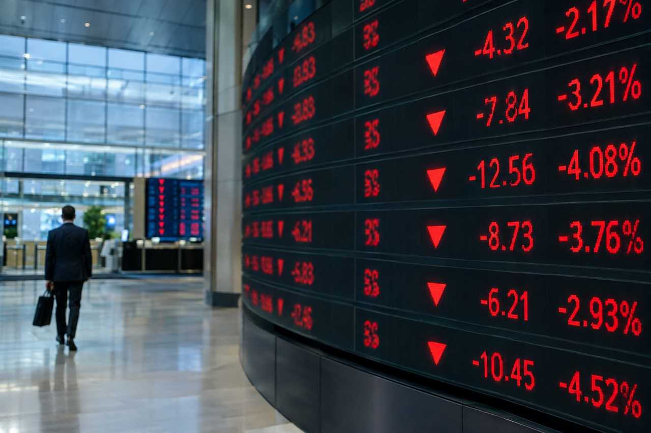 Stock ticker board shows a steep market decline.