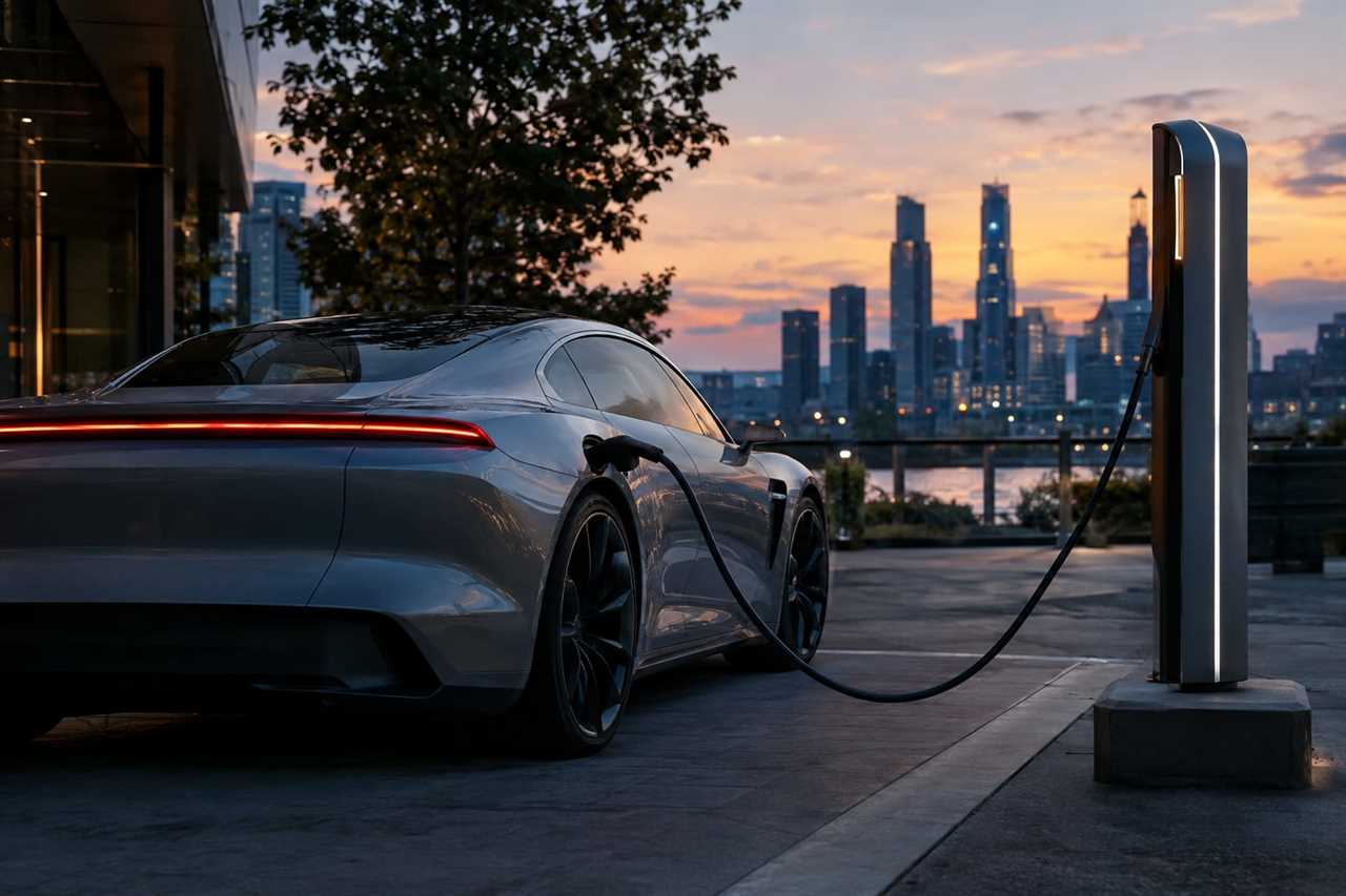 An electric sports car charges at a modern station.