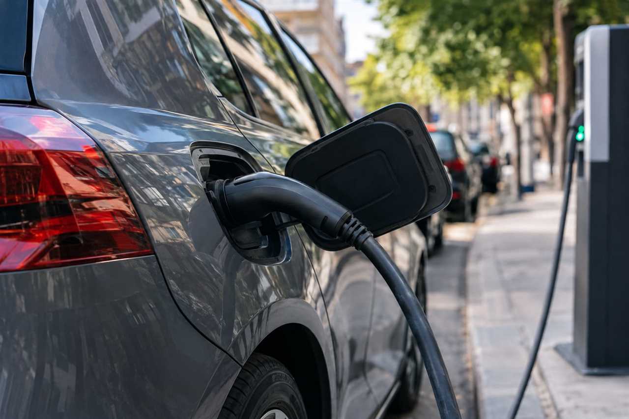 Compact electric city car charges on a street.