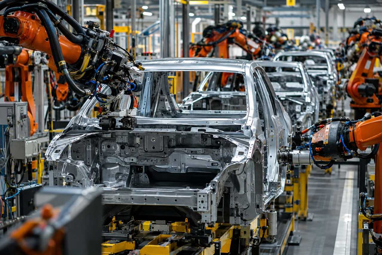Robotic arms assemble electric vehicles in a factory