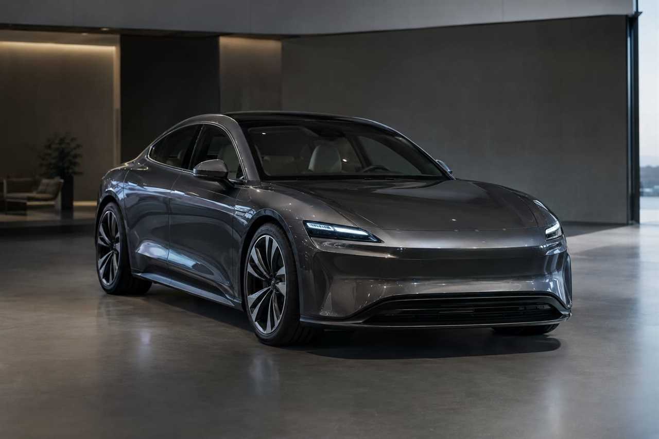 Luxury electric car displayed in minimalist showroom setting.