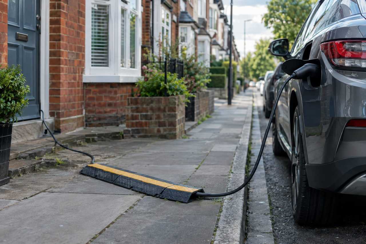 Cross-pavement cable channel feeding kerbside EV charger