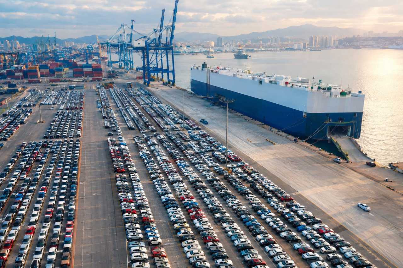 Export yard with vehicles awaiting international shipment