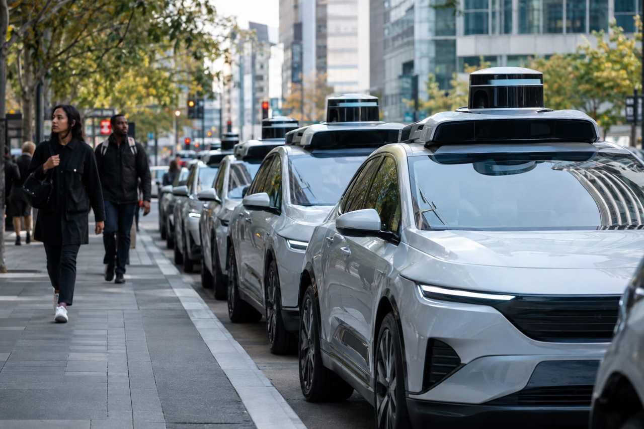 Autonomous ride-hailing cars line a city street