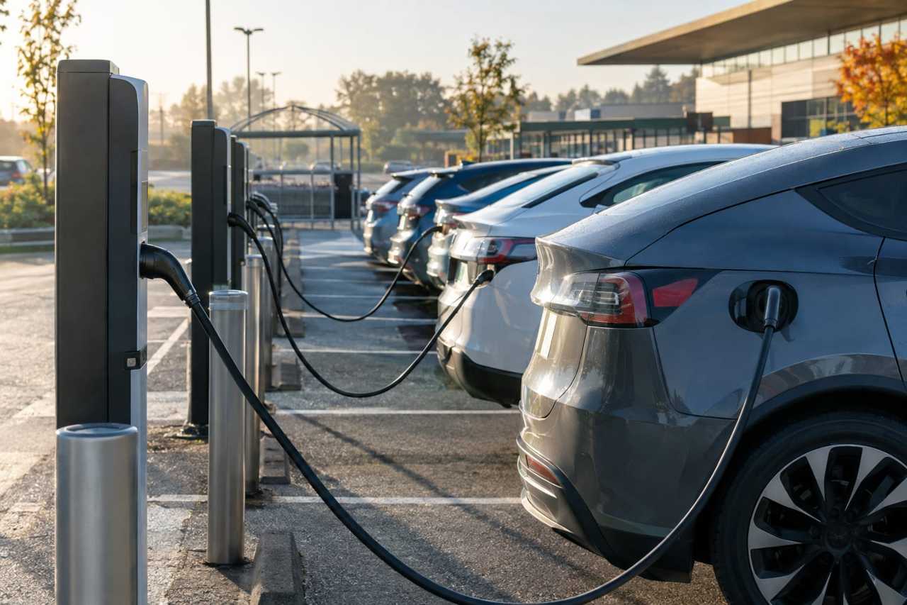 Electric cars charging in a supermarket car park