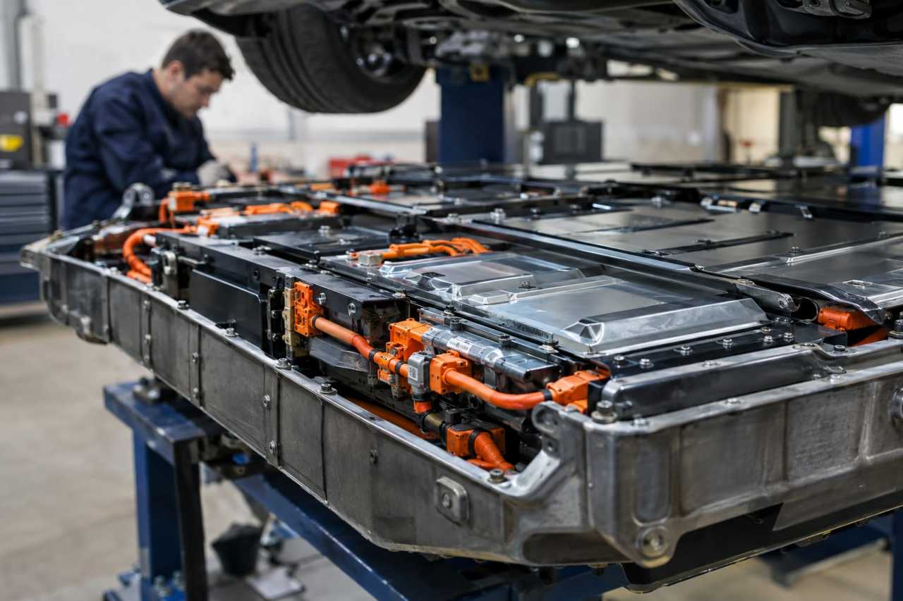 Technicians inspect an EV battery pack for defects