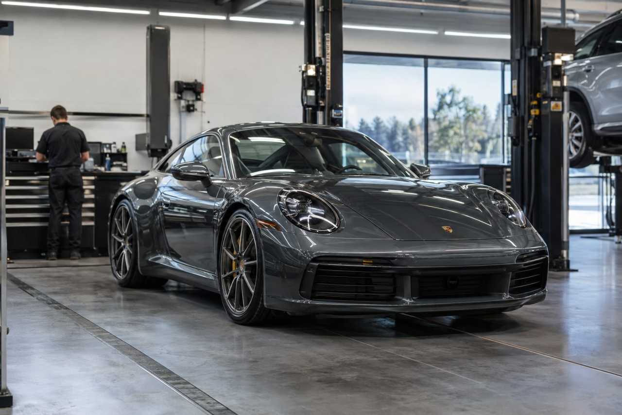 Sports car undergoes routine dealership inspection.