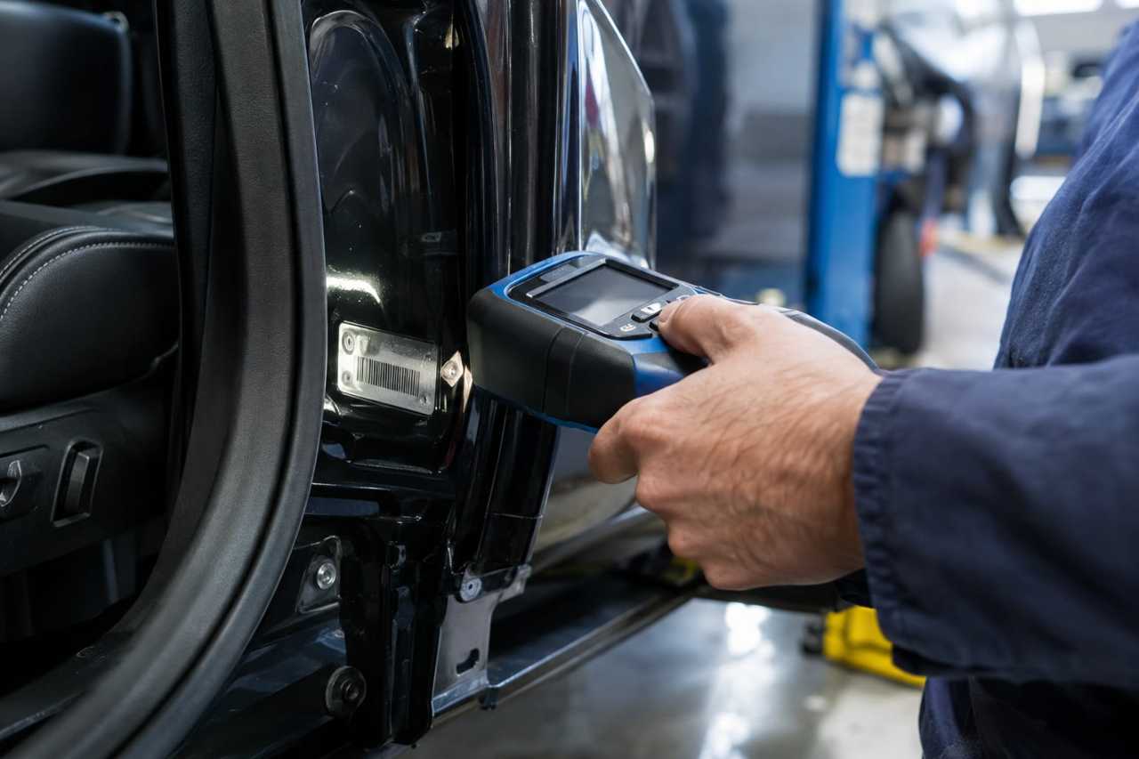 Technician checks vehicle identification number in workshop.