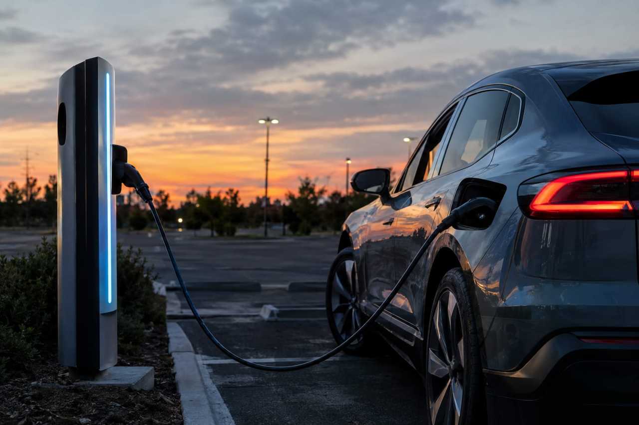 Electric vehicle charging quietly at dusk