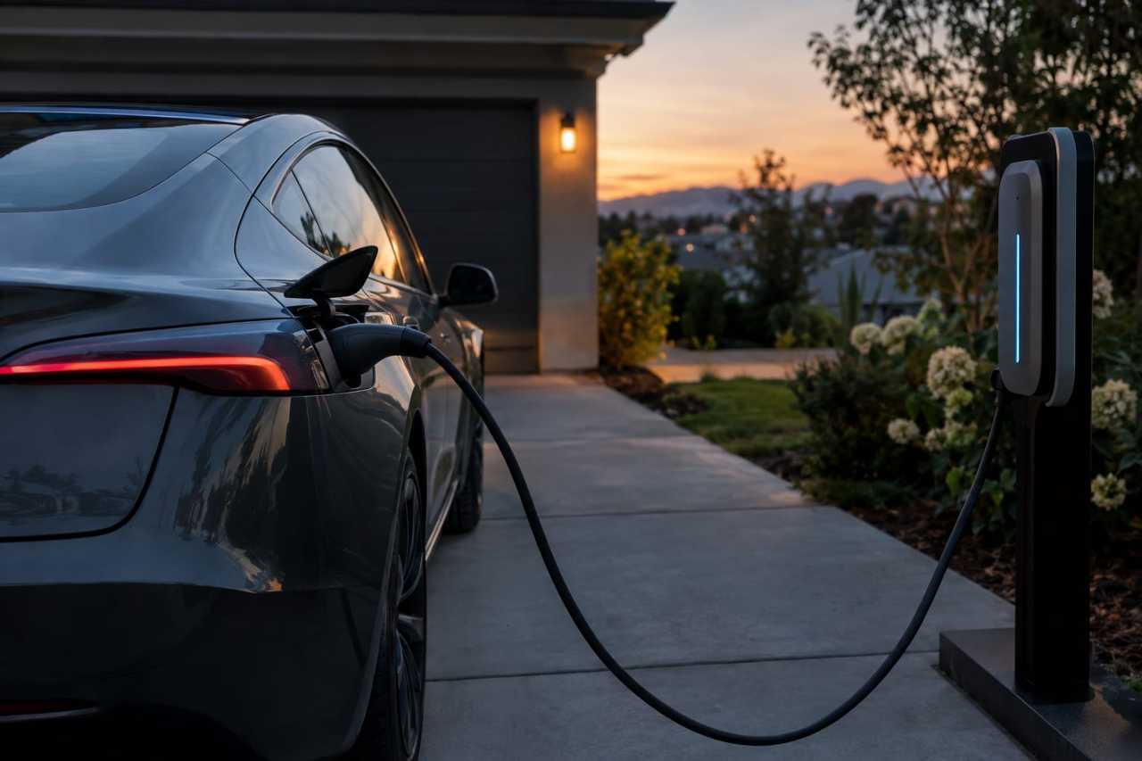 Electric car charging in a driveway