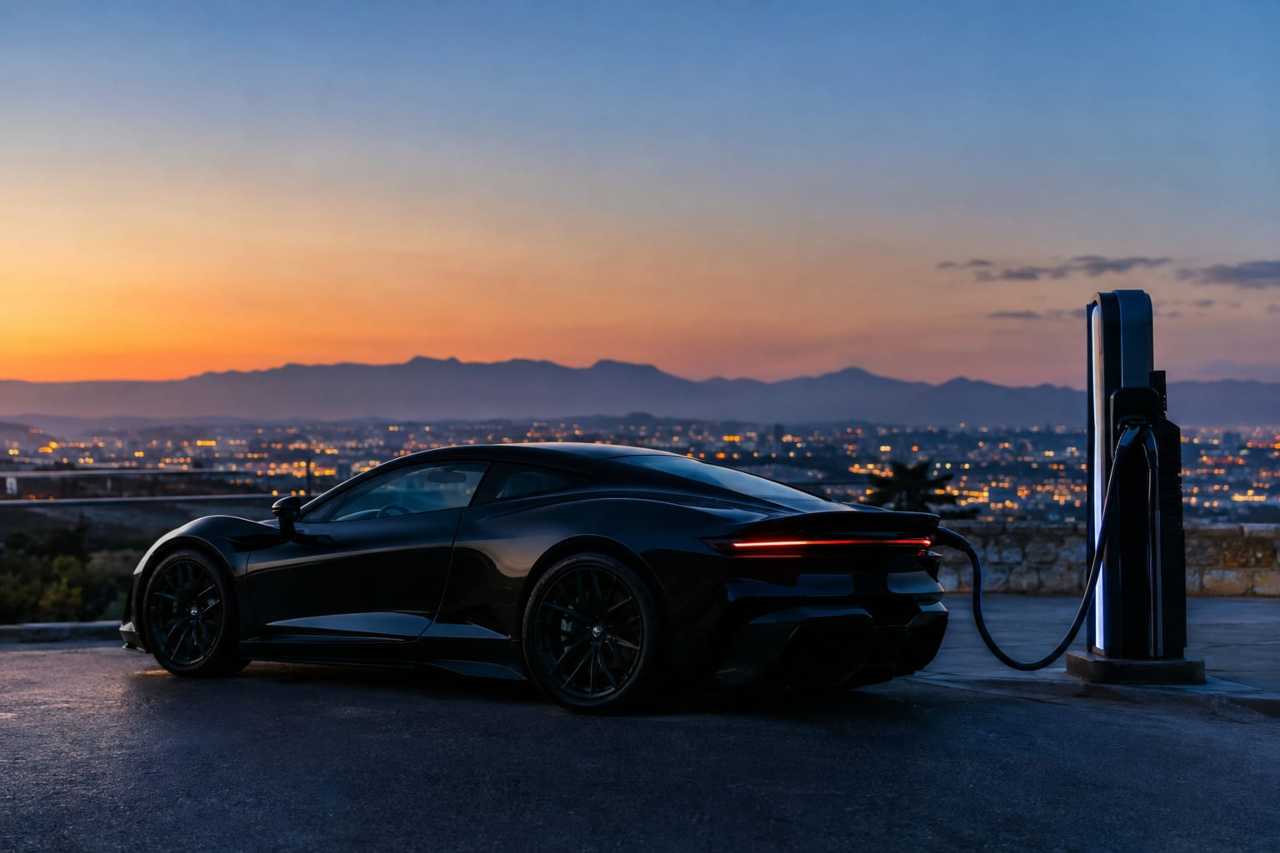 Hybrid supercar charges as dusk falls