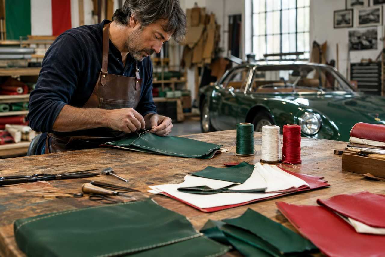 Tricolore leather swatches on workbench