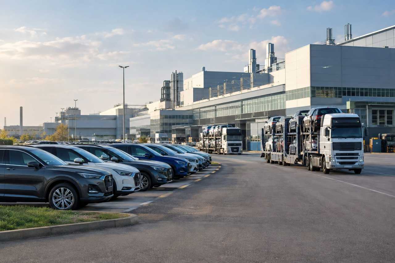 Finished vehicles await shipment at a car plant
