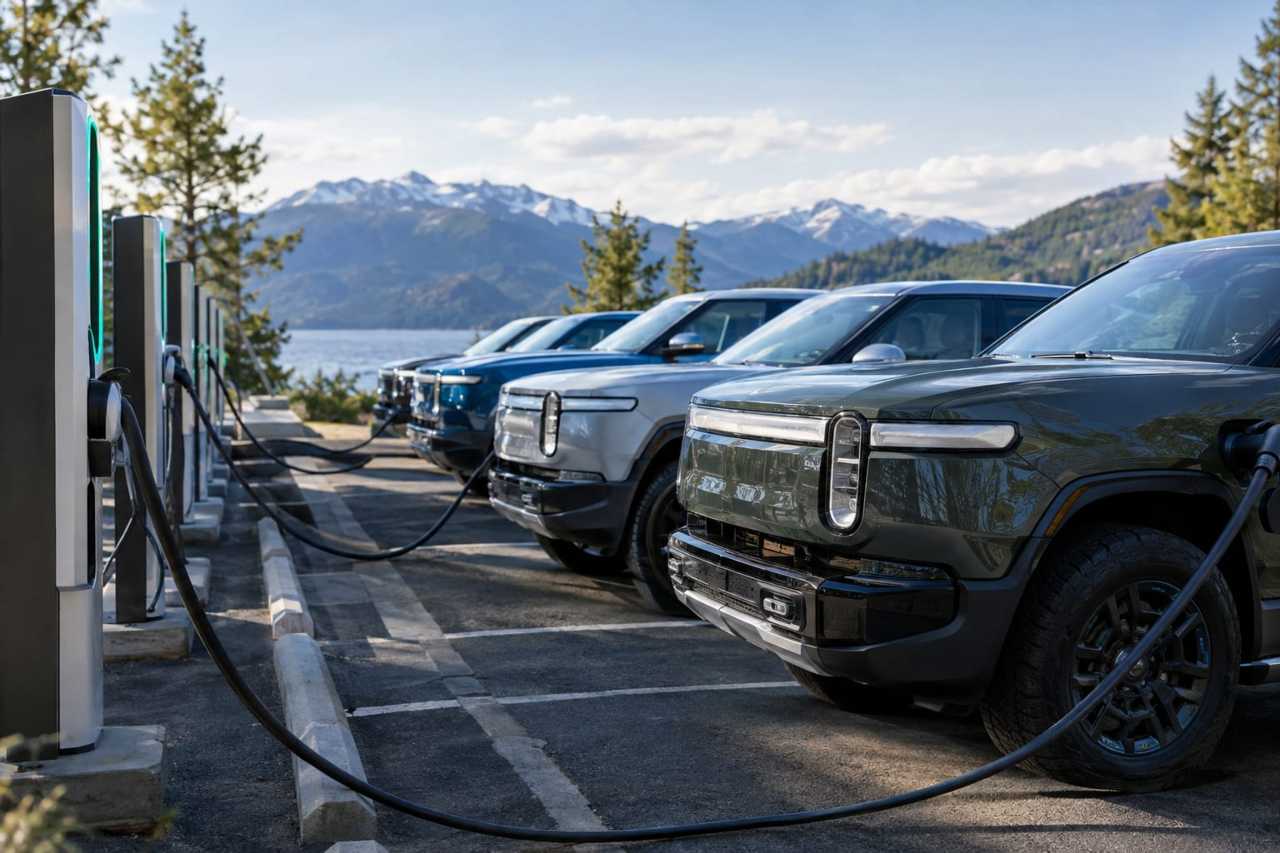 Electric trucks and SUVs charge outdoors.