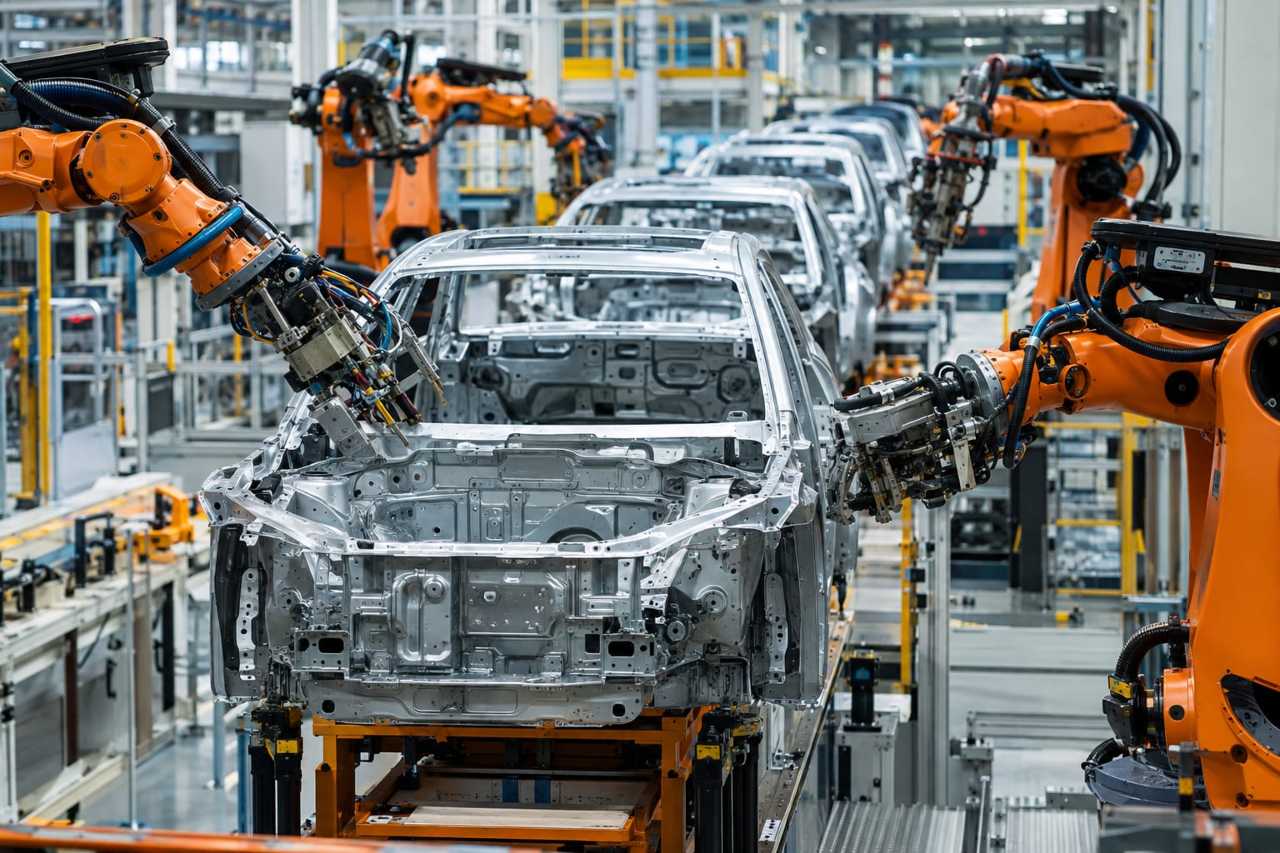 Robotic arms assemble vehicles on factory line.
